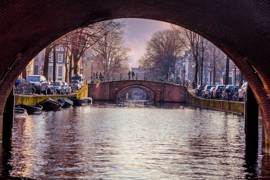 An Amsterdam canal cruise boat at dusk with the bridge lights coming on