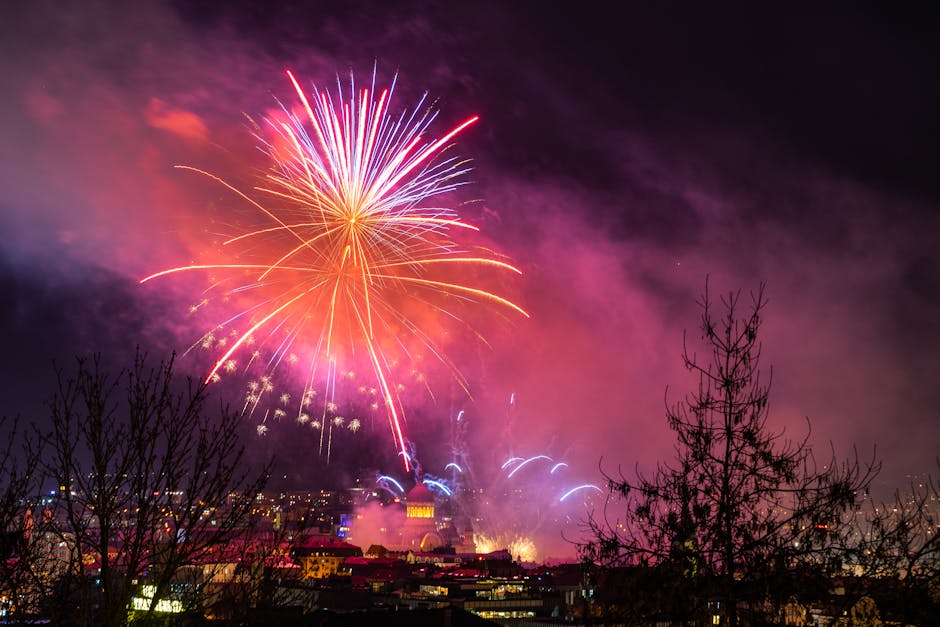 Fireworks new year celebration city night sky