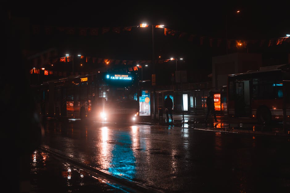 City night bus stop late evening