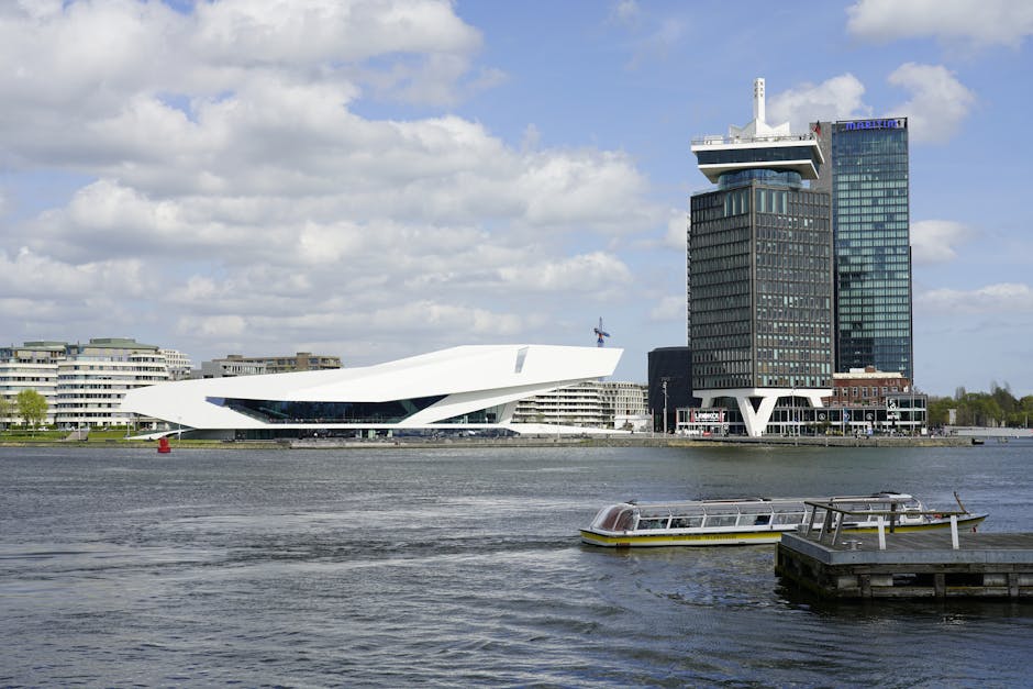 The white angular EYE Filmmuseum building on the north bank of the IJ