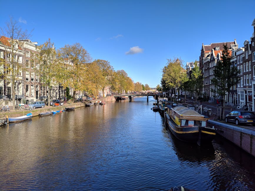 Amsterdam canal sunny day blue sky tourists