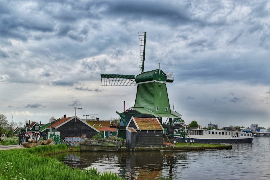Zaanse Schans windmills along Zaan river Netherlands
