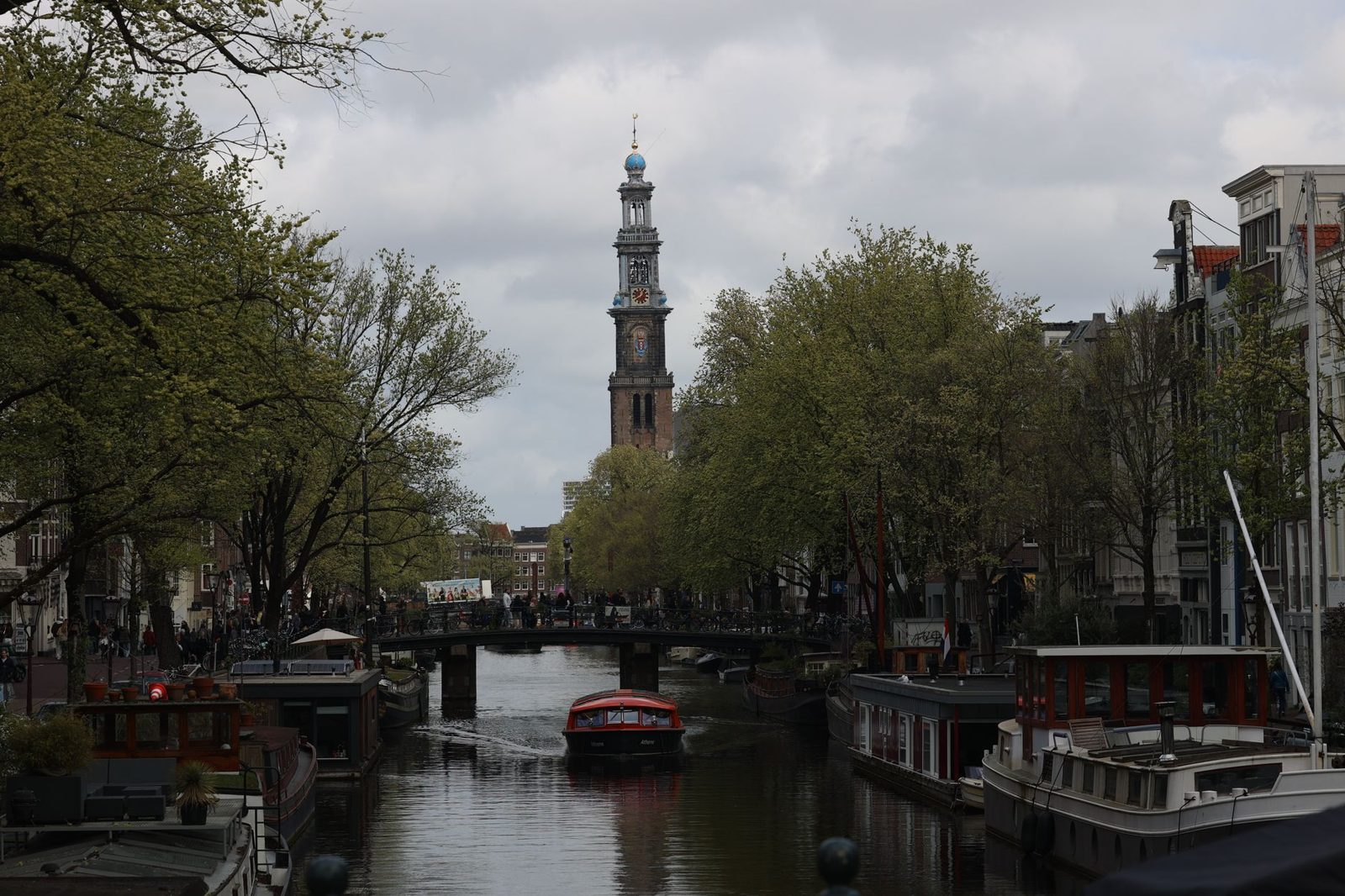 Picturesque Jordaan neighborhood canal with narrow houses in Amsterdam
