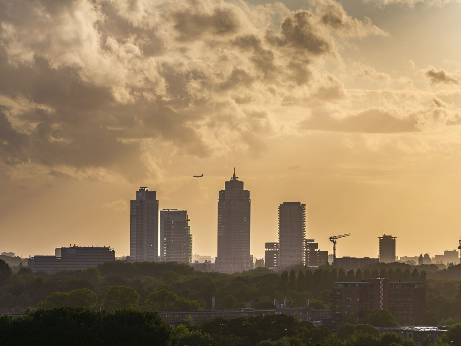 Amsterdam skyline at golden hour, seen from the budget-friendly outer neighborhoods backpackers favor