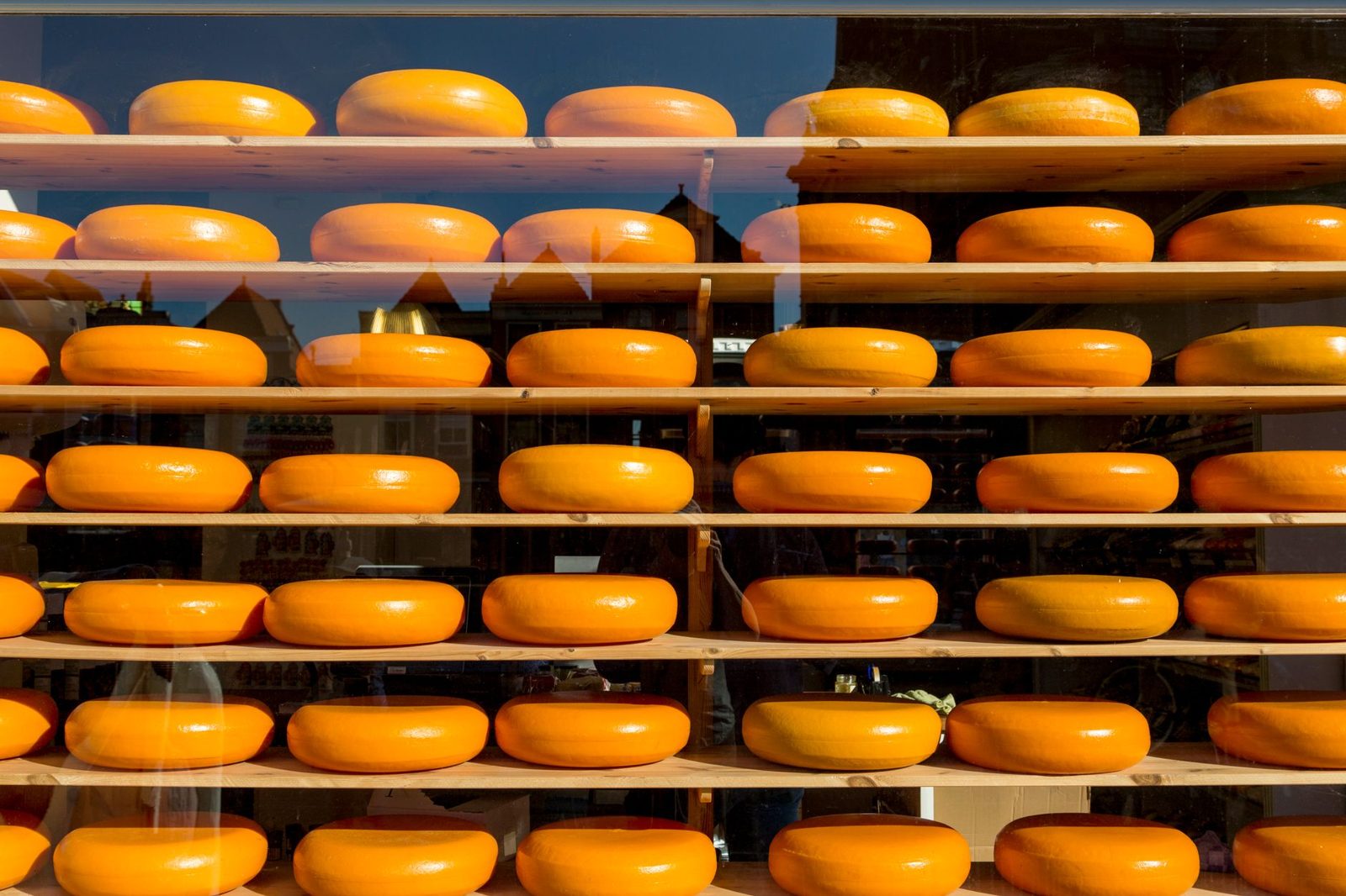 Dutch cheese wheels at an Amsterdam cheese shop