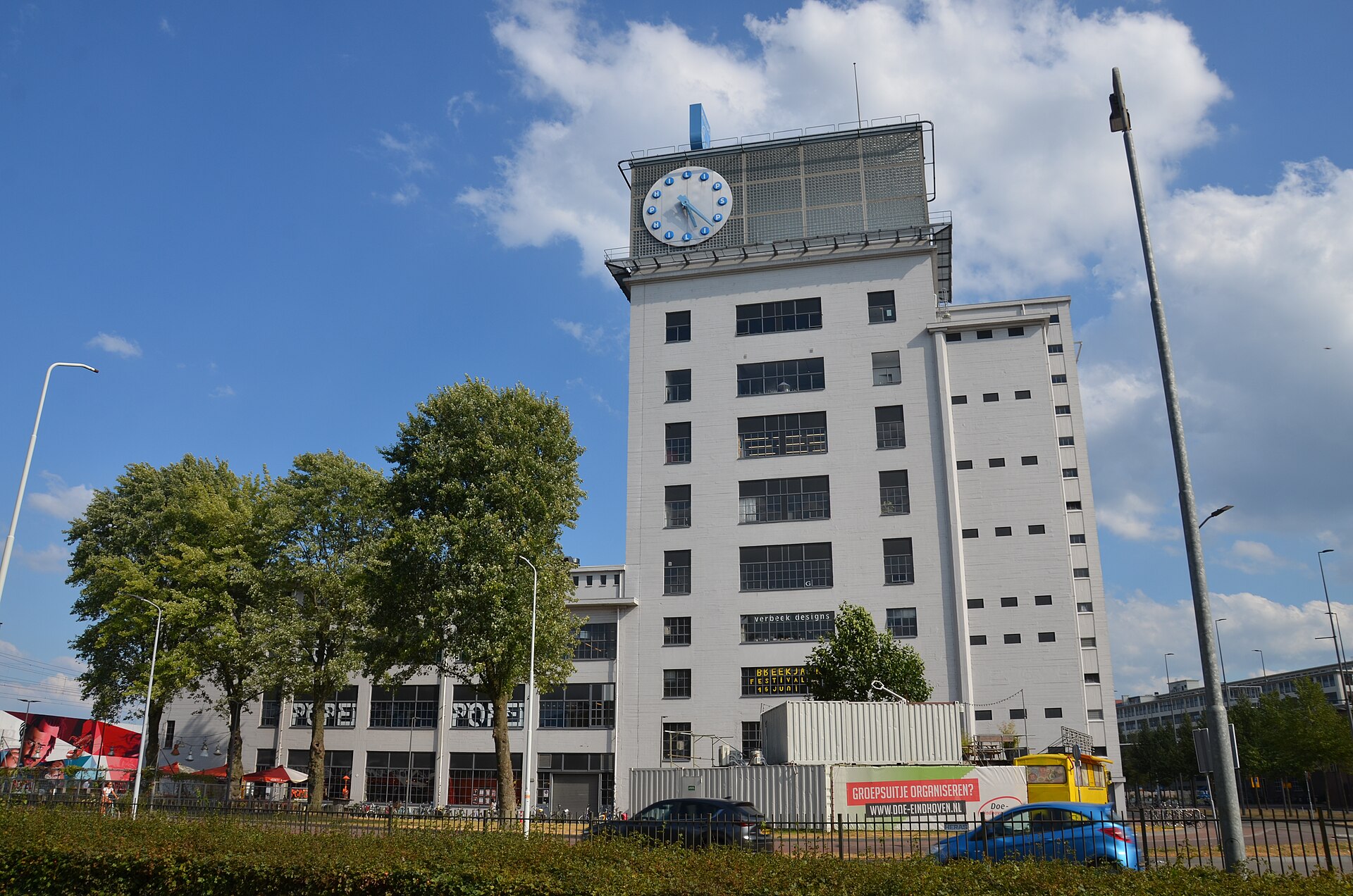The white Klokgebouw at Strijp-S in Eindhoven with the Philips clock on its roof